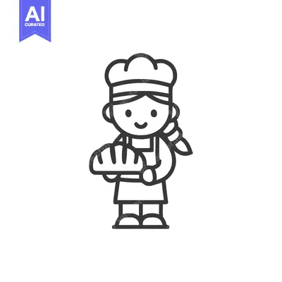 Aset premium populer: Charming Female Baker with Braided Hair Holding Bread, Line Art Icon