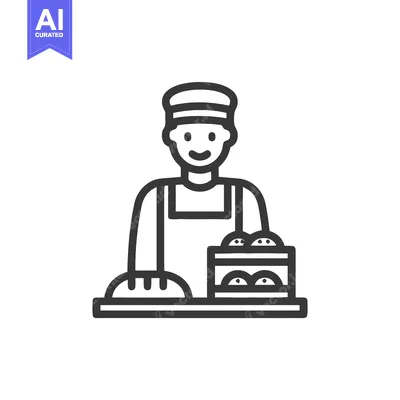 Premium design asset: Smiling Baker at Counter with Fresh Bread and Buns Line Art Icon