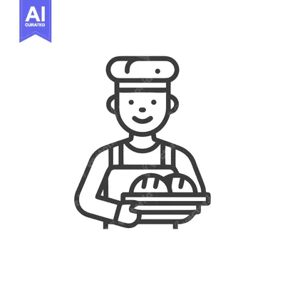 Aset premium populer: Friendly Baker Holding Fresh Bread, Simple Line Art Vector Icon