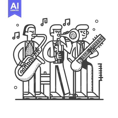 Aset desain premium: Monochrome Jam Session: A Stylized Trio with Saxophone, Horn, and Sita