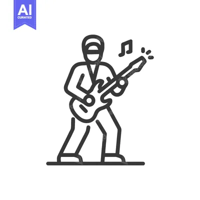 Aset desain premium: Energetic Guitarist in Action: Minimalist Line Art Icon of a Rock Musi