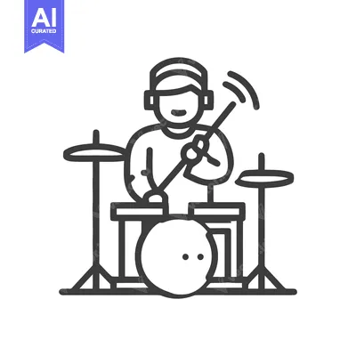 Outline Drummer Icon with Headphones Playing Kit, Minimalist Vector of