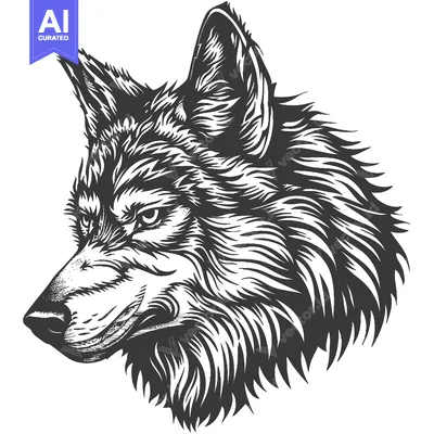 A Black and White Detailed Illustration of a Wolf's Head