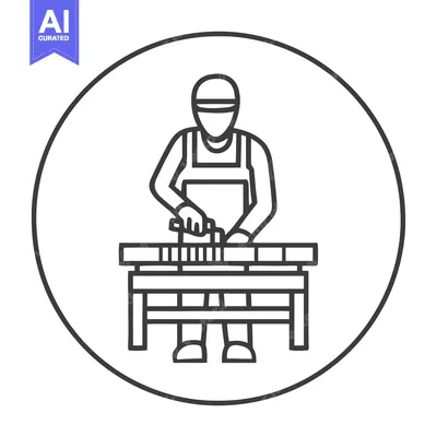 Circular Line Art Icon of a Carpenter Planing Wood at a Workbench