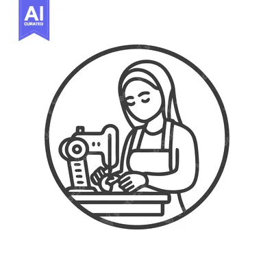 Focused Seamstress in Hijab at Sewing Machine, Circular Line Art Icon