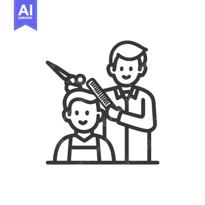 Premium design asset: Smiling Barber Gives a Haircut with Scissors and Comb, Minimalist Line