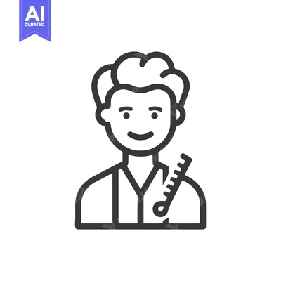 Aset premium populer: Smiling Hairstylist with Comb, Minimalist Line Art Icon for Barber Sho