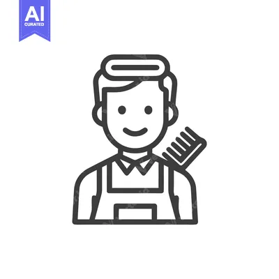 Aset desain premium: Friendly Barber with Comb and Apron, Professional Hair Stylist Line Ic