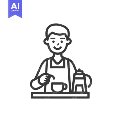 Smiling Barista in Apron Pouring Coffee, Clean Line Art Vector Icon
