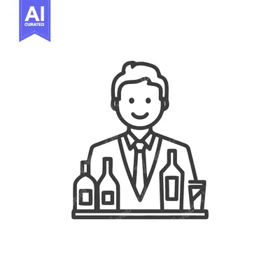 Smiling Bartender at Counter with Drinks, Minimalist Line Art Icon