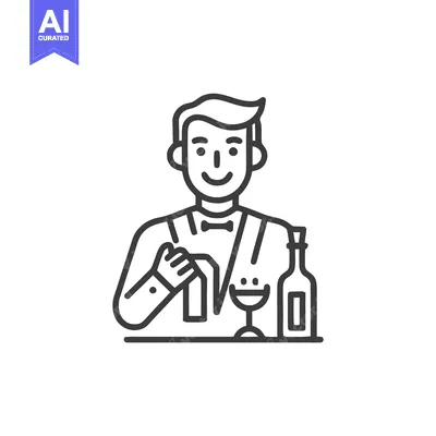 Friendly Sommelier Serving Wine, a Minimalist Line Icon with a Smiley