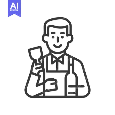 Smiling Sommelier Character Line Art with Wine and Glass