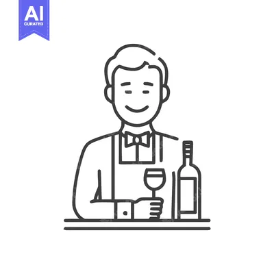 Aset premium populer: Friendly Sommelier with Wine Bottle and Glass, Minimalist Line Art Ico