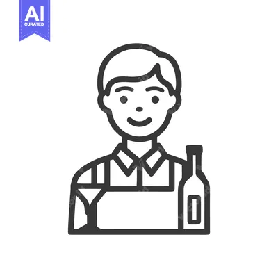 Aset premium populer: Smiling Bartender Character with Cocktail and Bottle, Minimalist Line