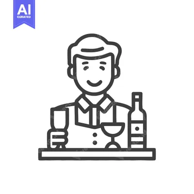 Welcoming Sommelier Behind Bar Counter, Minimalist Outline Icon