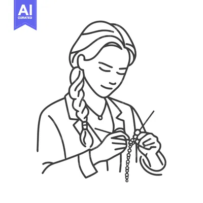 Focused Artisan with Braided Hair Crafting Jewelry in Line Art Style