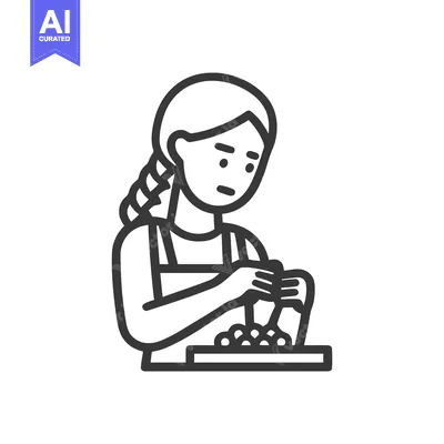 Focused Woman with Braid Grinding Ingredients, Minimalist Line Art Ico
