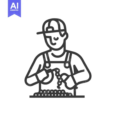 Smiling Farmer in Overalls Sorting Harvested Berries, Minimalist Line