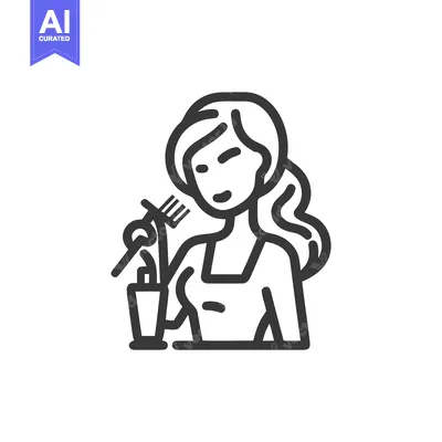 Popular premium asset: Elegant line art icon of a woman with a ponytail savoring a meal with