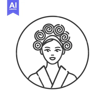 Minimalist Line Art of a Woman with Spiral Curlers in a Circular Frame