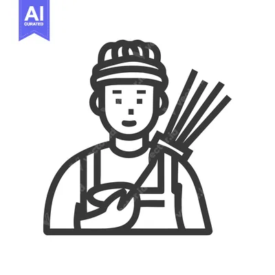 Aset premium populer: Monochrome Line Art Icon of Smiling Farmer with Harvested Crops and Wa