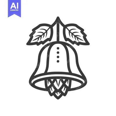 Aset desain premium: Monochrome Stylized Bell and Hop Cone Fusion Icon with Leaves, Craft B