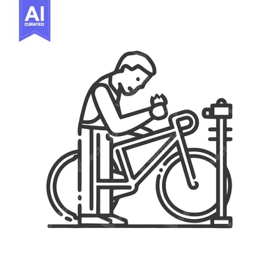 Aset premium populer: Clean Line Art Icon: Man Repairing Bicycle on Stand, Bike Mechanic Ser