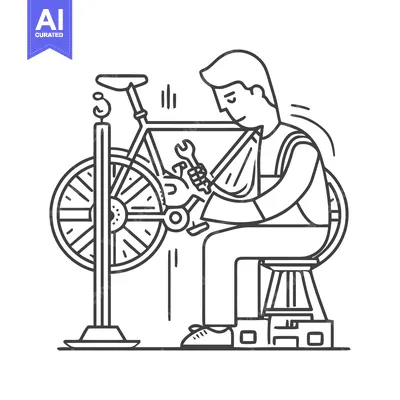 Aset desain premium: Minimalist Line Art: Man Repairing Bicycle Chain on Stand with Wrench