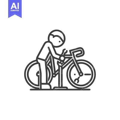 Aset desain premium: Minimalist Line Art Icon: Person Repairing Bicycle on Maintenance Stan