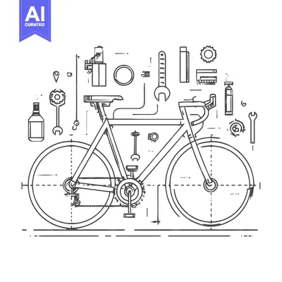Technical Blueprint of a Road Bicycle with Essential Repair Tools Line