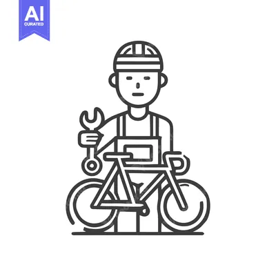 Aset desain premium: Minimalist Bicycle Mechanic Icon with Wrench and Bike, Simple Line Art