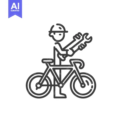 Aset desain premium: Modern Line Art Icon: Bicycle Mechanic with Wrench and Helmet for Bike