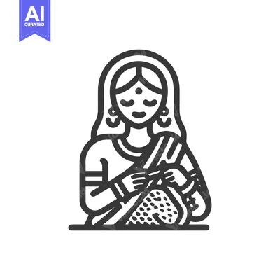 Minimalist Indian Woman Icon in Sari with Bindi, Serene Expression, Ho