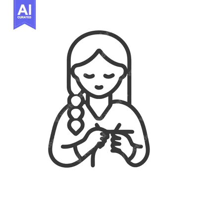 Minimalist Line Art Icon of Woman Knitting with Braided Hair, a Relaxi