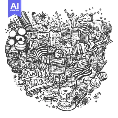 Aset premium populer: A Black and White Doodle Illustration of a Cityscape Filled with Ameri