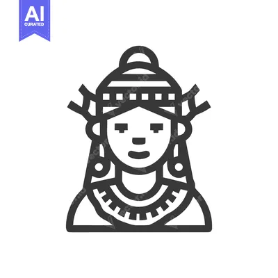 Aset desain premium: Minimalist Line Art Icon of Traditional Woman with Ornate Headdress an