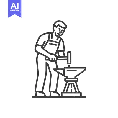 Popular premium asset: Minimalist Line Art Icon of a Blacksmith Forging Metal on an Anvil wit