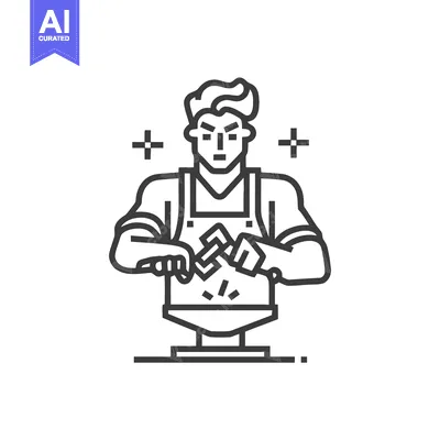 Energetic Blacksmith Forging Metal on Anvil, Bold Line Art Icon with S