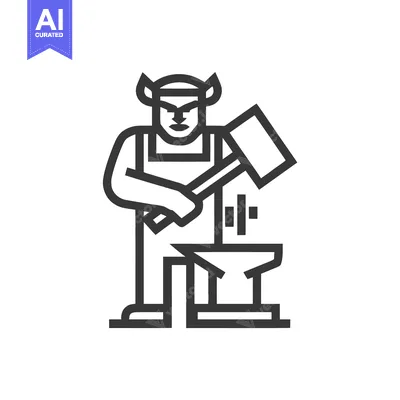 Premium design asset: Mythical Horned Blacksmith Forging Metal on Anvil Line Art Icon
