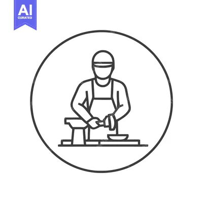 Modern Line Art Icon: Chef in Apron Chopping Food on Board, Culinary P