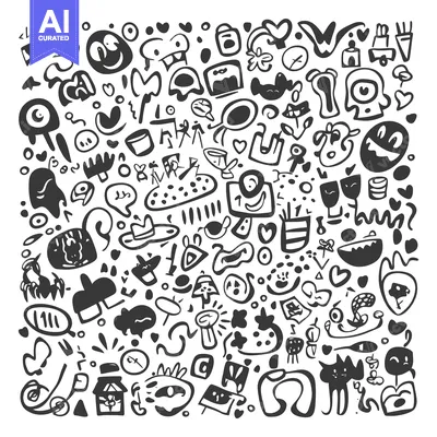 Aset premium populer: A Black and White Doodle Illustration of Various Abstract Shapes and F