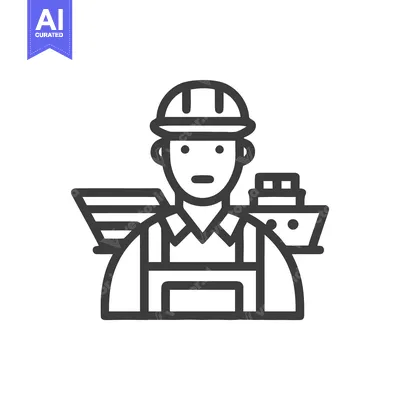 Aset desain premium: Harbor Worker in Hard Hat Flanked by Cargo Ships Line Art Icon
