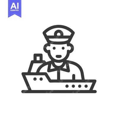 Premium design asset: Stylized Line Art Icon of a Ship Captain in Uniform Behind a Cruise Li