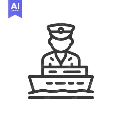 Aset premium populer: Monochrome Line Icon of a Ship Captain in Uniform Behind a Vessel