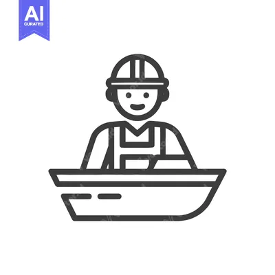 Premium design asset: Smiling worker in a hard hat navigating a boat, a minimalist line art