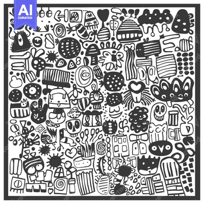 A Black and White Doodle of Abstract Shapes and Creatures