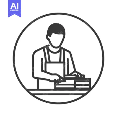 Worker in Apron at Assembly Table, Minimalist Circular Vector Icon