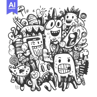 Popular premium asset: A Black and White Doodle of Funny Cartoon Monsters