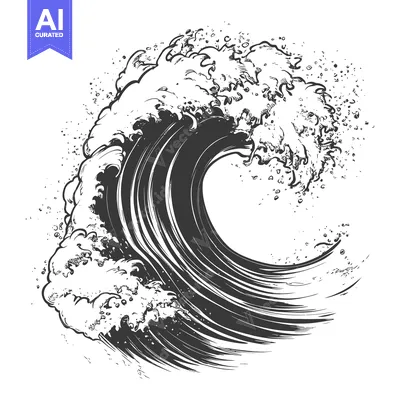 A Black and White Drawing of a Large Wave Crashing