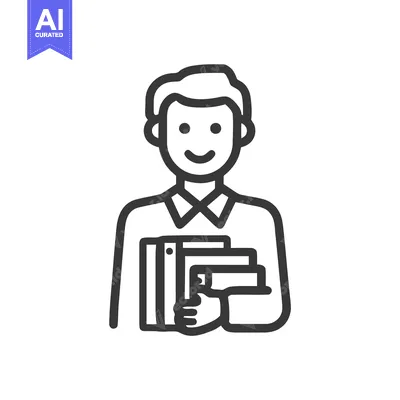Smiling Student or Office Worker Holding Books and Binder, Line Art Ic